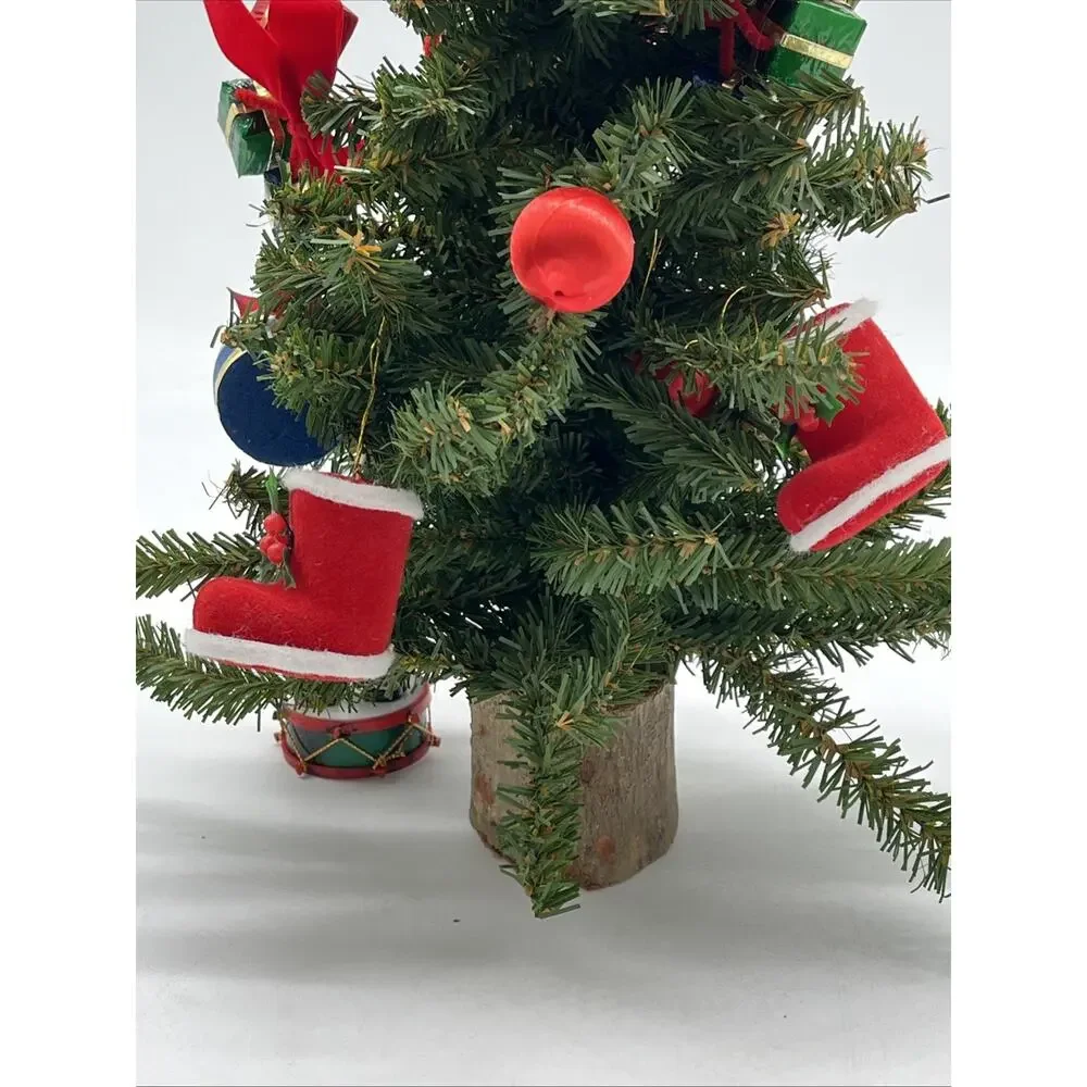 Vintage 19” Decorated Table Christmas Tree Wooden, Flocked & Folk Art Ornaments